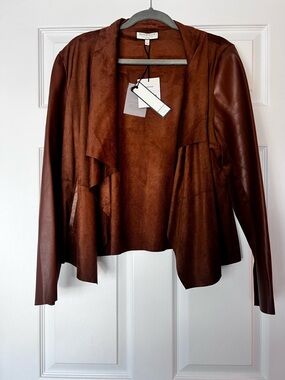 bagatelle Brown Faux Suede Drape Open-Front Jacket with Leather-Look Sleeves